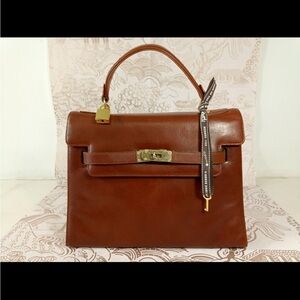 Elegant Brown Leather Handbag Kelly Style Vintage